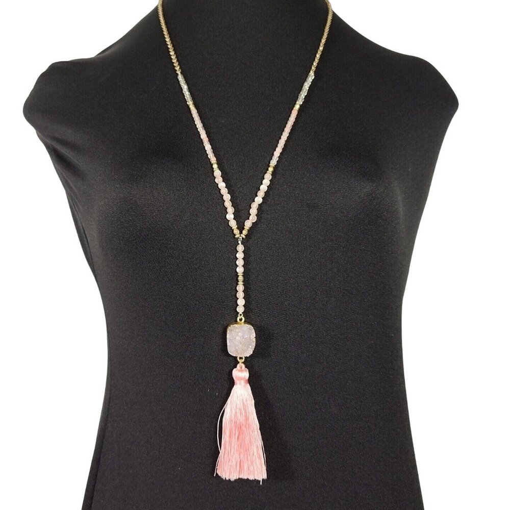 Beaded Tassel Necklace Jewelry Pink Purple Gold Tone 34" FLAW